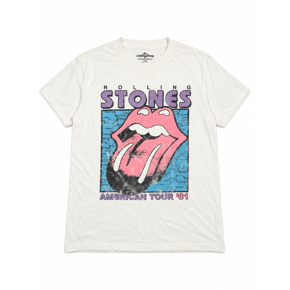 Rolling Stones American Tour 81 Cream Pink Tongue Graphic Band Tee L Retro